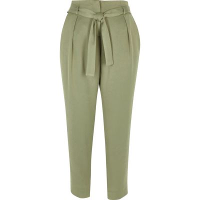 Petite green soft satin tie waist trousers